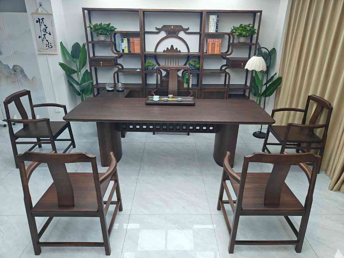 鹏程万里大板茶台（新款） 【规格】200/220/240*90*74CM长宽高 【材质】非洲檀木 【颜色】北美黑胡桃 全实木大板，宋氏美学风， 甄选品质，质量过硬，总裁首选(图1)