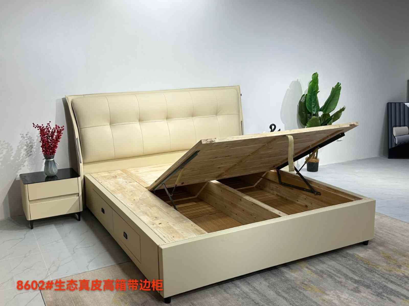高箱床系列 8602# W-29，生态真皮面料，时尚简约高密度海绵靠包，全实木木超大容量储物大高箱，带两大抽边柜（可不带边柜），橡木床板，带触摸灯，配时尚黑玻床头柜，1.8/1.5米(图2)