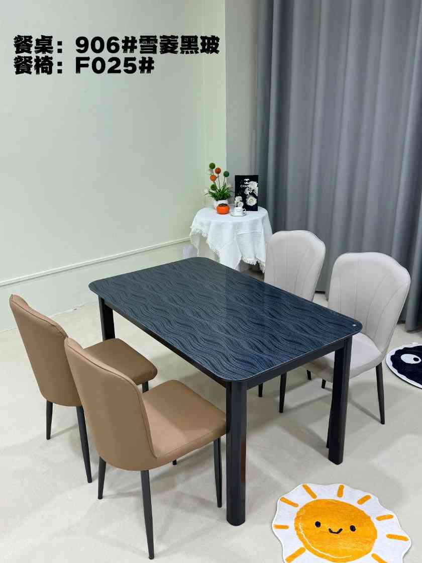 轻奢风西餐桌906# 台面：雪菱黑玻 椅子：F012# F025# 软包椅子(图2)
